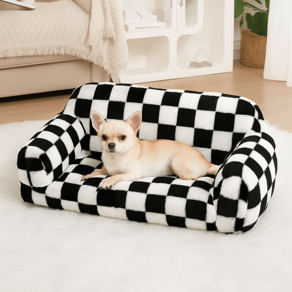 Canapé-pour-chien-déhoussable-taille-S-un chihuahua couché confortablement dans son mini canapé chaud, doux, imperméable et antidérapant pour petit à chien moyen dans le salon de l'appartement