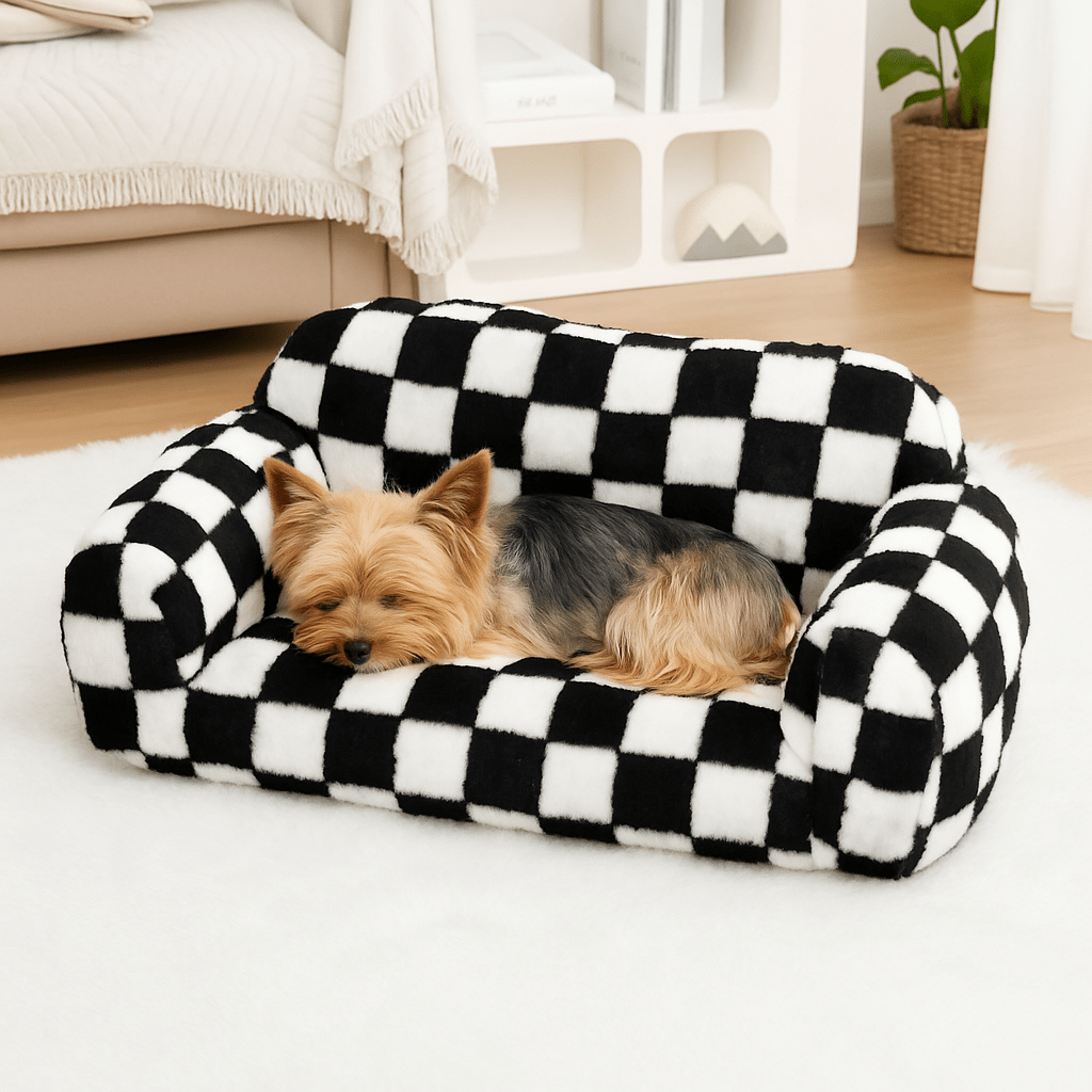 Canapé-pour-chien-déhoussable-velours et coton haute densité pour petit à chien moyen-un chien de petite taille qui dort paisiblement sur son sofa douillet et moelleux dans le salon de la maison