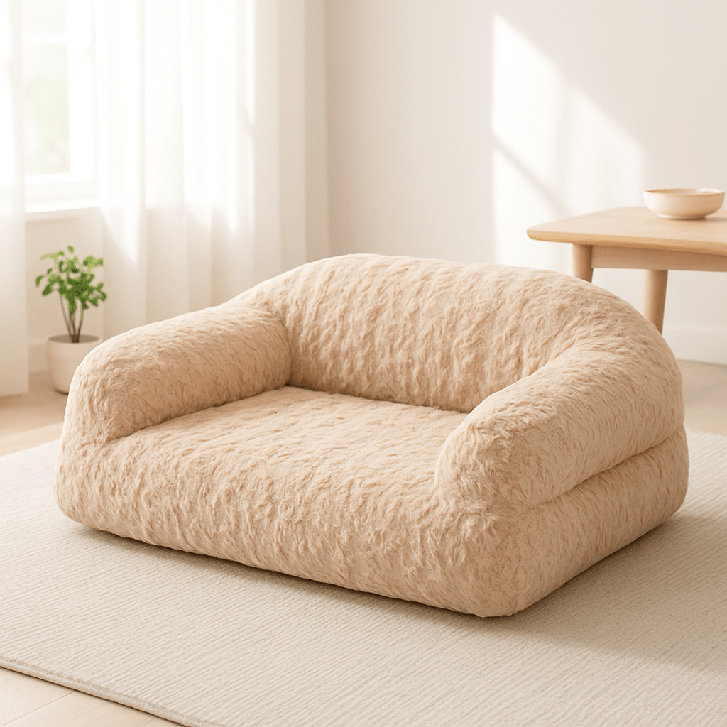 Canapé-pour-chien-douillet-déhoussable-antidérapant-lavable-en-machine-en fausse fourrure imitation lapin-ultra-doux-résistant-rembourrage 100% coton haute densité ergonomique pour chiot ou petit à chien de moyenne taille-avec accoudoir et haut dossier-couchage apaisant chaud et hypoallergénique, respectueux des peaux sensibles et de son pelage-couleur beige