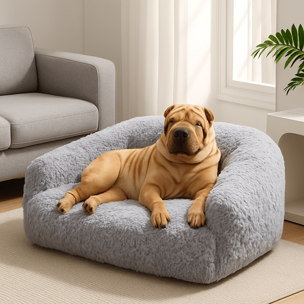 Canapé-pour-chien-douillet-déhoussable-antidérapant-lavable-en-machine-en fausse fourrure imitation lapin-ultra-doux-résistant-rembourrage 100% coton haute densité ergonomique pour chiot ou petit à chien de moyenne taille-avec accoudoir et haut dossier-couchage apaisant chaud et hypoallergénique, respectueux des peaux sensibles et de son pelage-un chien de taille moyenne confortablement couché sur son canapé taille L-moelleux dans le salon de l'appartement
