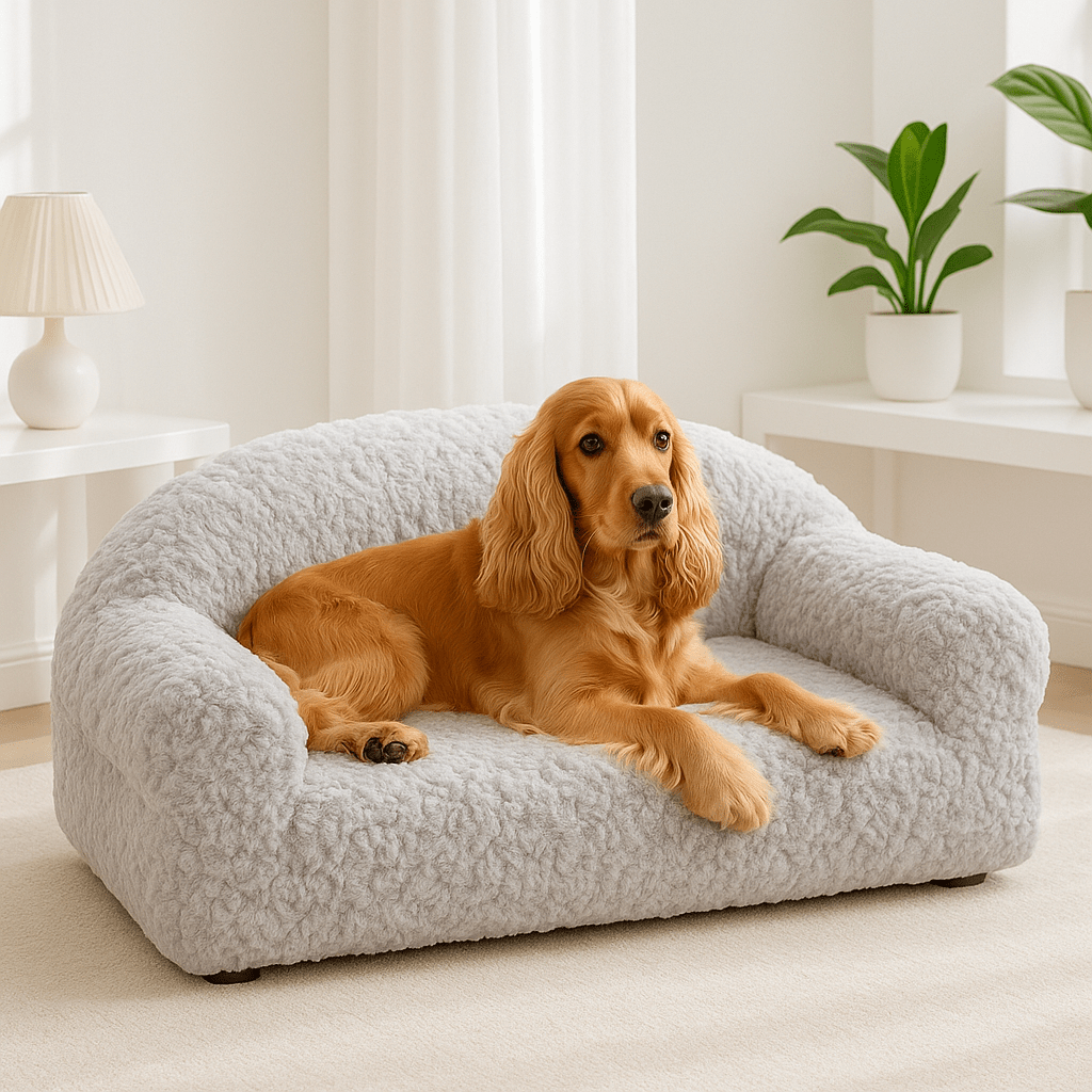 Canapé-pour-chien-douillet-déhoussable-antidérapant-lavable-en-machine-en fausse fourrure imitation lapin-ultra-doux-résistant-rembourrage 100% coton haute densité ergonomique pour chiot ou petit à chien de moyenne taille-avec accoudoir et haut dossier-couchage apaisant chaud et hypoallergénique, respectueux des peaux sensibles et de son pelage-un chien moyen couché confortablement sur son canapé taille L-moelleux dans le salon de l'appartement