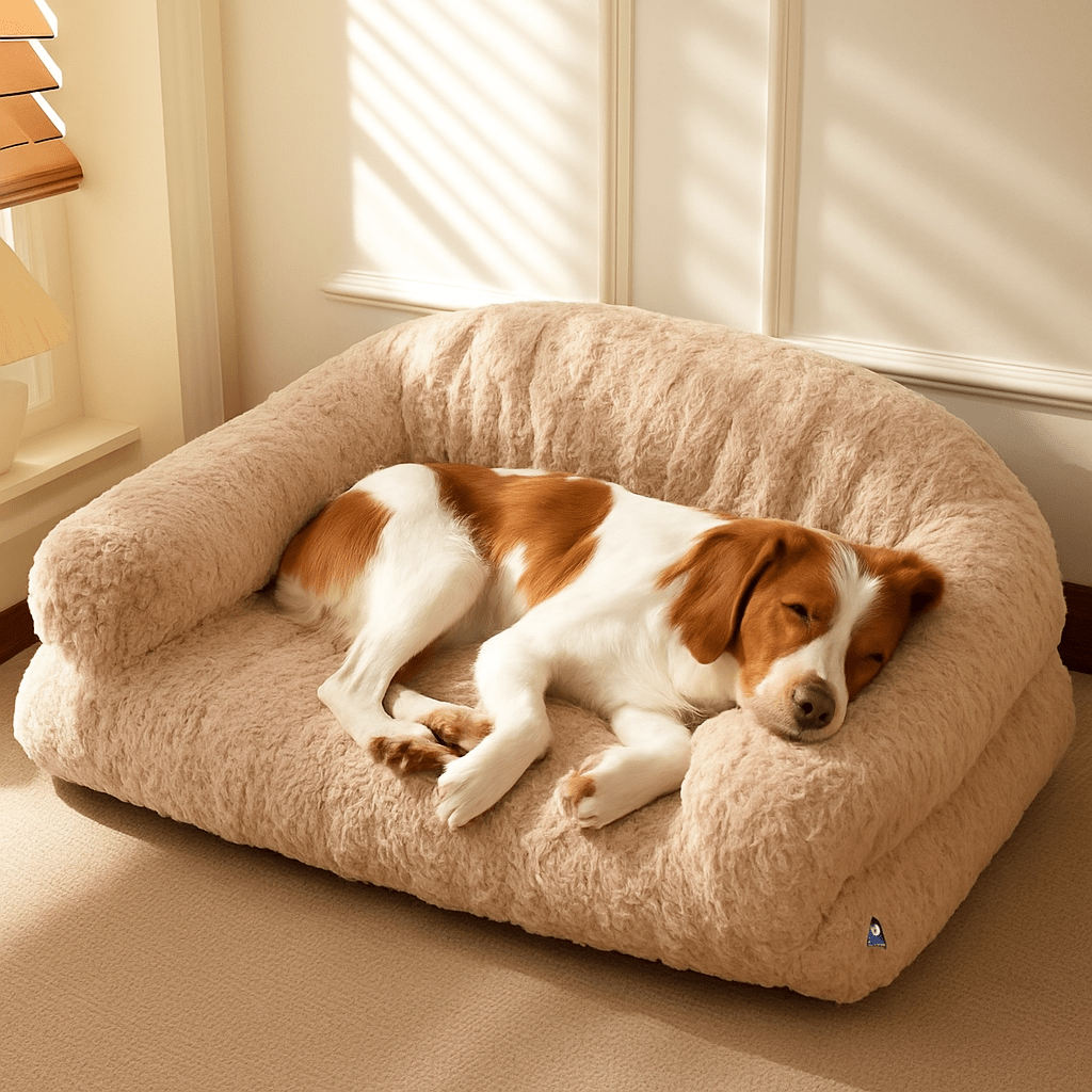 CanapĂ©-pour-chien-douillet-dĂ©houssable-antidĂ©rapant-lavable-en-machine-en fausse fourrure imitation lapin-ultra-doux-rĂ©sistant-rembourrage 100% coton haute densitĂ© ergonomique pour chiot ou petit Ă  chien de moyenne taille-avec accoudoir et haut dossier-couchage apaisant chaud et hypoallergĂ©nique, respectueux des peaux sensibles et de son pelage-un chien moyen qui dort paisiblement sa tĂȘte reposant sur l'accoudoir sur son canapĂ© taille L-moelleux dans le salon de l'appartement