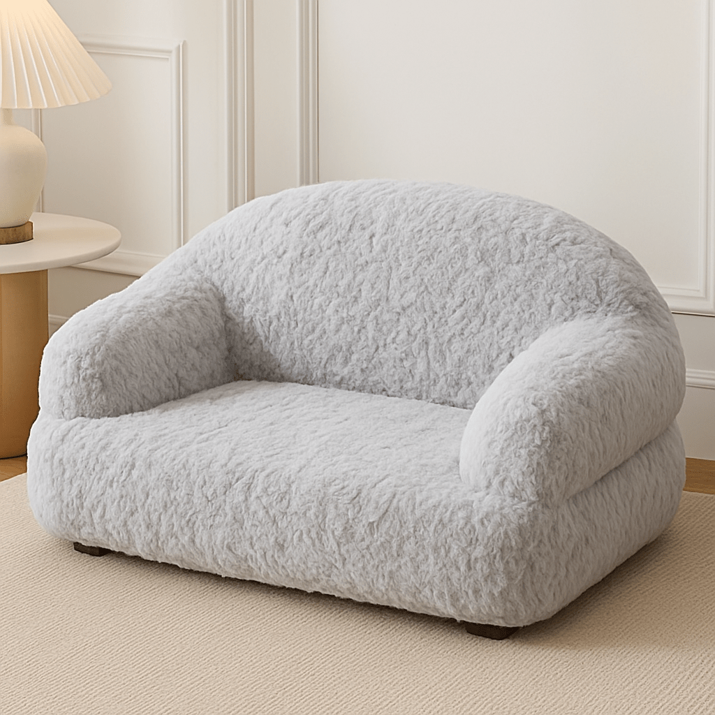 Canapé-pour-chien-douillet-déhoussable-antidérapant-lavable-en-machine-en fausse fourrure imitation lapin-ultra-doux-résistant-rembourrage 100% coton haute densité ergonomique pour chiot ou petit à chien de moyenne taille-avec accoudoir et haut dossier-couchage apaisant chaud et hypoallergénique, respectueux des peaux sensibles et de son pelage-de couleur gris