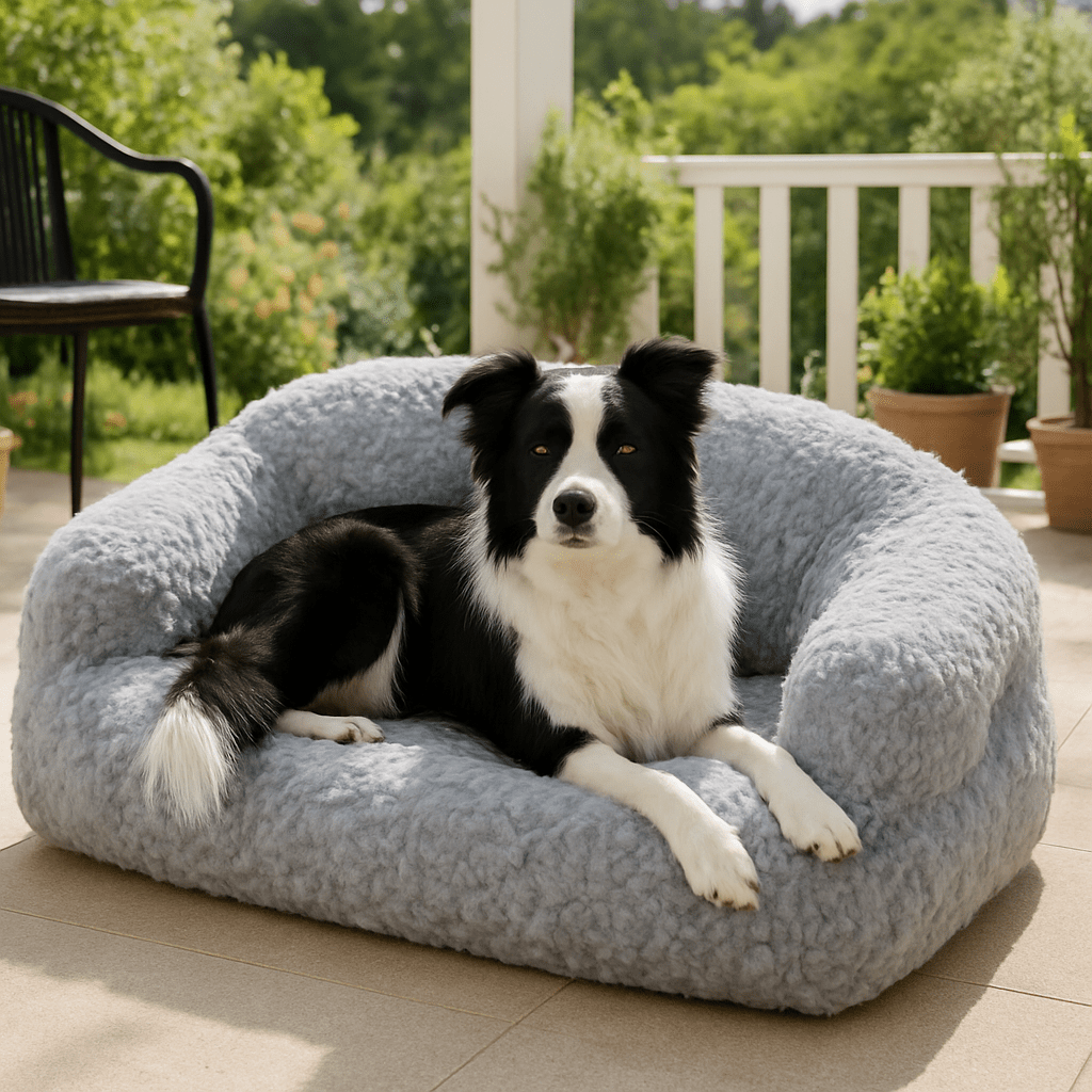 CanapĂ©-pour-chien-douillet-dĂ©houssable-antidĂ©rapant-lavable-en-machine-en fausse fourrure imitation lapin-ultra-doux-rĂ©sistant-rembourrage 100% coton haute densitĂ© ergonomique pour chiot ou petit Ă  chien de moyenne taille-avec accoudoir et haut dossier-couchage apaisant chaud et hypoallergĂ©nique, respectueux des peaux sensibles et de son pelage-un chien confortablement sa tĂȘte reposant sur l'accoudoir sur son canapĂ© taille L-moelleux sur la terrasse la maison