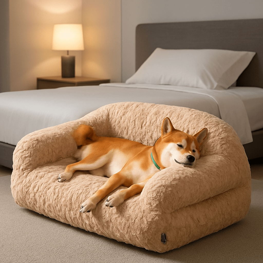 CanapĂ©-pour-chien-douillet-dĂ©houssable-antidĂ©rapant-lavable-en-machine-en fausse fourrure imitation lapin-ultra-doux-rĂ©sistant-rembourrage 100% coton haute densitĂ© ergonomique pour chiot ou petit Ă  chien de moyenne taille-avec accoudoir et haut dossier-couchage apaisant chaud et hypoallergĂ©nique, respectueux des peaux sensibles et de son pelage-un chien qui dort paisiblement sa tĂȘte reposant sur l'accoudoir sur son canapĂ© taille L-moelleux dans la chambre de la maison