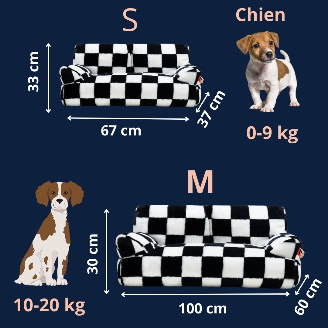 Canapé-pour-chien-guide-des-tailles-taille S et m pour petit chien à moyenne taille de 0 à 20 kg-dimensions détaillées pour les deux tailles avec correspondance de poids du chien
