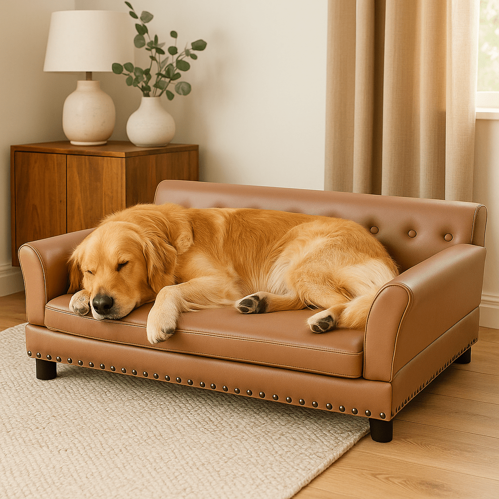 Canapé-pour-chien-xxl--matelas-orthopédique-un grand chien qui dort paisiblement sur son grand canapé design et luxueux en simili cuir imperméable et détails capitonné avec pied en bois naturel sur le matelas à mémoire de forme déhoussable et accoudoir ergonomique de couleur marron dans le salon de l'appartement