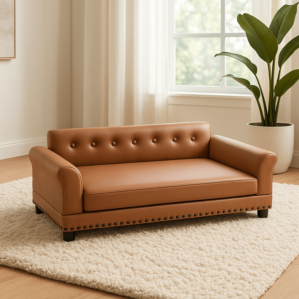 Canapé-pour-chien-xxl-design-luxe et moderne imperméable antidérapant avec pies en bois naturel matelas orthopédique à mémoire de forme-éponge haute résilience-avec deux accoudoirs ergonomiques-clouté-imperméable et lavable de couleur marron