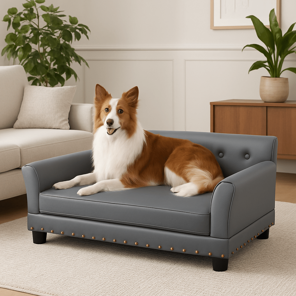 Canapé-pour-chien-xxl-grand-chien-moyen-un chien couché confortablement sur son canapé xl de couleur gris au design haut de gamme capitonné imperméable simil cuir avec matelas orthopédique haute résilience à mémoire de forme et pied en bois naturel dans le salon de sa maison