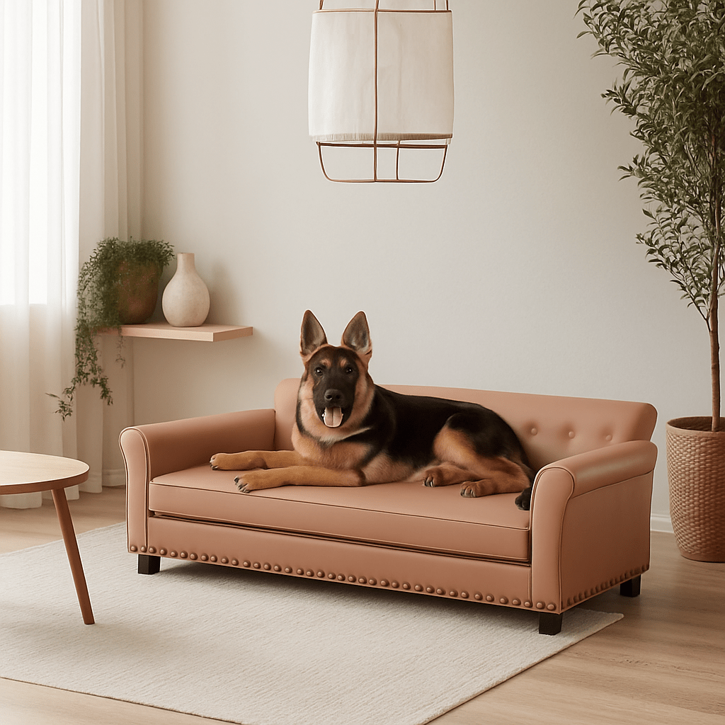 Canapé-pour-chien-xxl-imperméable-design luxe haut de gamme avec matelas déhoussable orthopédique avec éponge coton haute densité et résilience-un grand chien couché sur son grand canapé xxl imperméable et lavable marron dans le salon