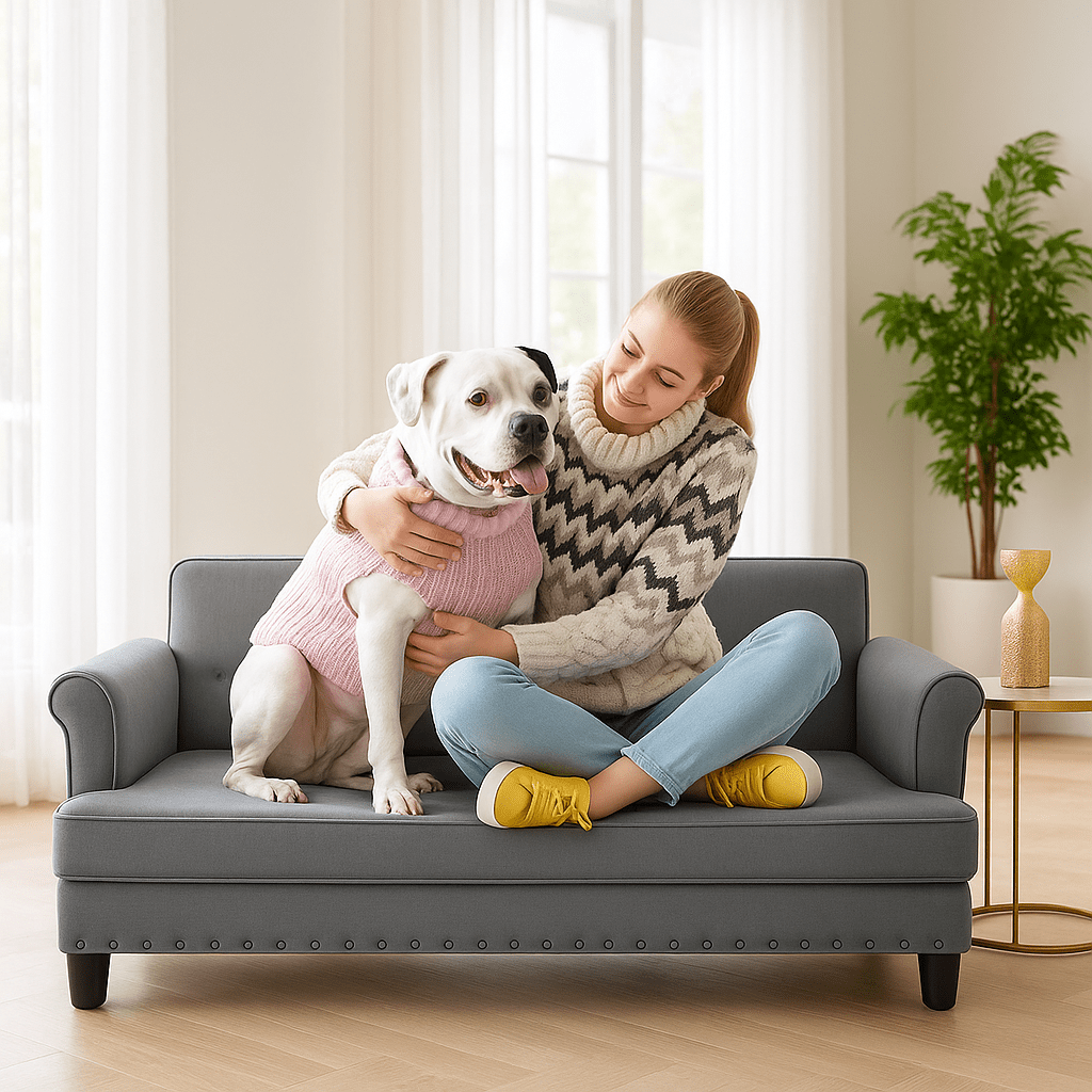 Canapé-pour-chien-xxl-matelas-a-mémoire-de-forme-un gros chien et son maitre assis sur le grand canapé similicuir ris avec matelas à mémoire de forme haute élasticité et résilience pour un soutien ergonomique optimal, déhoussable et lavable-imperméable et structure en bois naturel pour très grand chien dans le salon de l'appartement