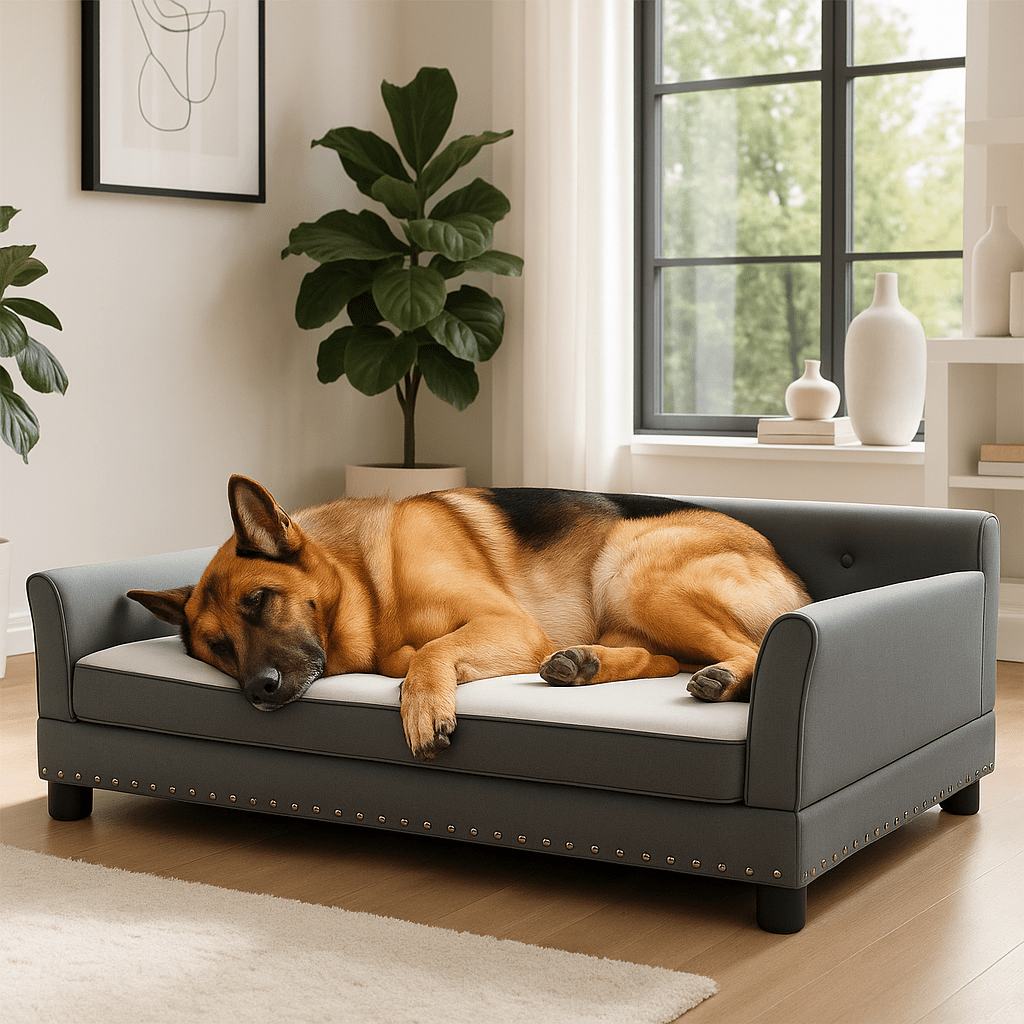Canapé-pour-chien-xxl-orthopédique-un grand chien qui dort paisiblement et profondément, couché sur le flanc sur son grand canapé simili cuir imperméable déhoussable et lavable avec pieds en bois naturel au design moderne capitonné sur le dossier et clou décoratif sur le sommier et ses deux accoudoirs de couleur gris dans le salon de la maison