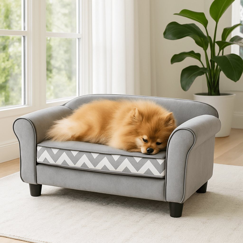 Canapé-pour-petit-chien-mini-bois-massif et velours avec coussin épais en éponge haute densité, déhoussable et lavable en machine-un chien de race naine qui dort paisiblement sur le mini canapé design gris graphique