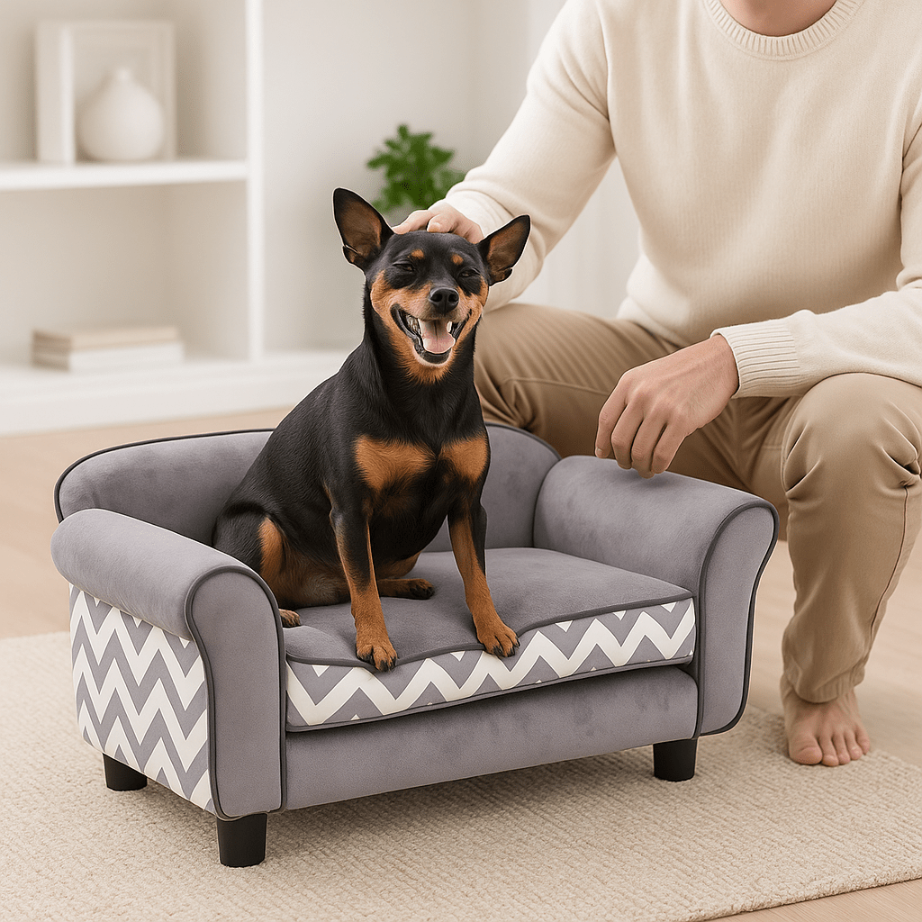 Canapé-pour-petit-chien-mini-bois-velours-un pinscher nain assis sur son petit canapé design en velours gris et coussin amovible en éponge haute densité déhoussable et lavable en machine-qui se fait caresser par son maitre dans le salon cosy de la maison