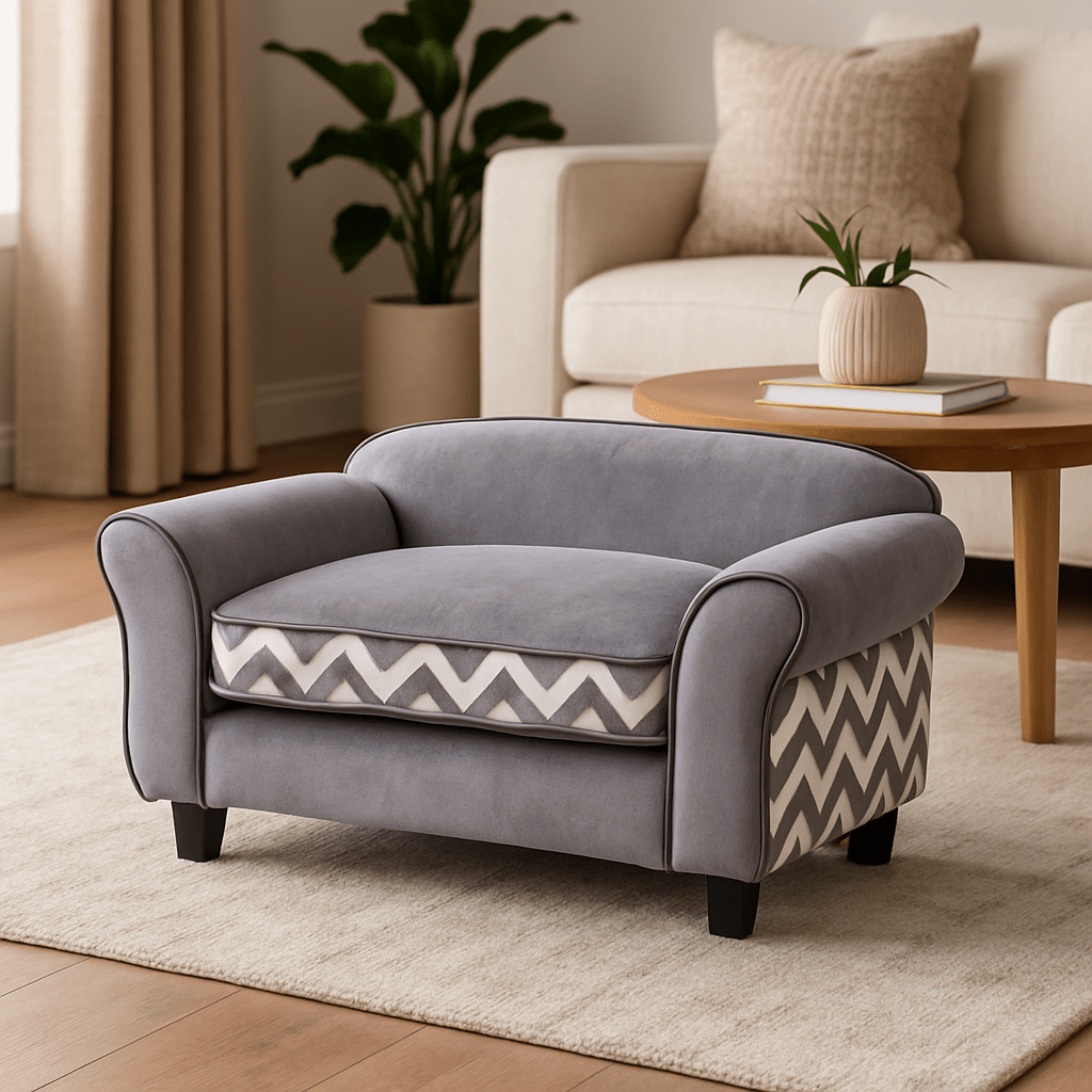 Canapé-pour-petit-chien-mini-coussin-épais et rembourrage en éponge haute densité, déhoussable et lavable en machine-couleur gris en velours et design graphique moderne-lignes arrondies du dossier et accoudoirs-avec ses 4 pieds dévissable en bois massif noir