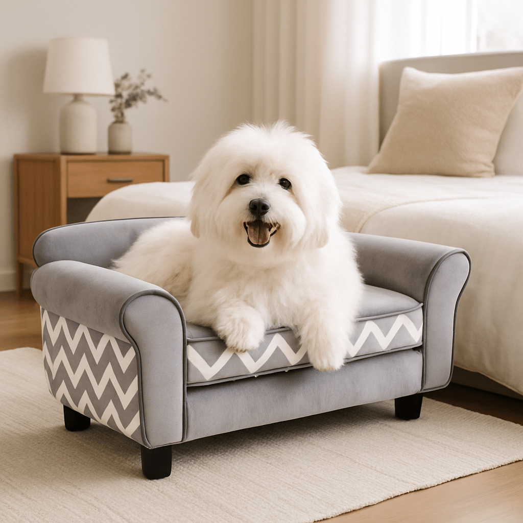 Canapé-pour-petit-chien-mini-design velours et bois massif avec pieds et assise amovible-un petit chien heureux et couché confortablement sur son canapé gris et touche élégante graphique blanc et gris avec assise déhoussable et lavable en machine dans le salon de l'appartement