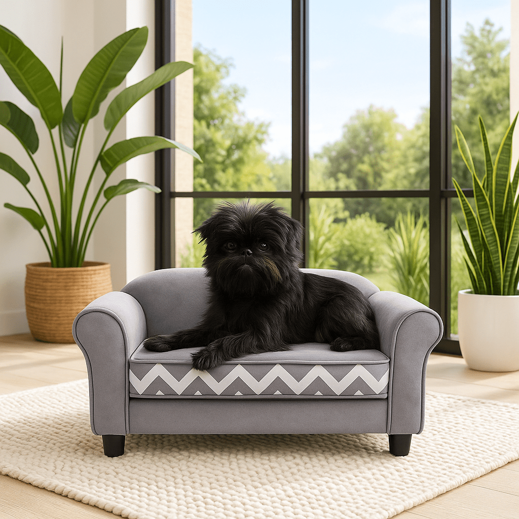 Canape-pour-petit-chien-mini-race-naine-toy-un chien de petit taille couché confortablement sur son petit fauteuil en velours et bois massif avec pied de couleur gris avec pieds amovible sans outil dans la véranda de la maison