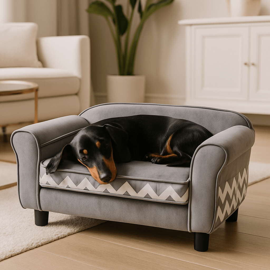 Canapé-pour-petit-chien-mini-velours-un chien nain qui dort couché confortablement en boule sur le petit fauteuil gris déhoussable et lavable en machine en velours doux et bois massif avec pieds antidérapant dans le salon de l'appartement