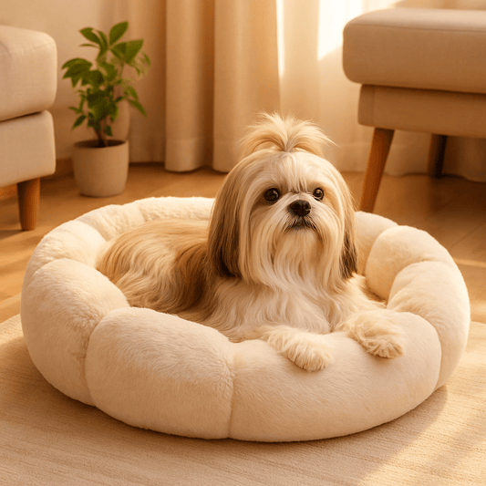 Coussin-anti-stress-chien-antiderapant-forme de fleur-un  Shit Tzu  couché confortablement dans son panier rond anti-anxiété lavable en machine dans le salon dea maison