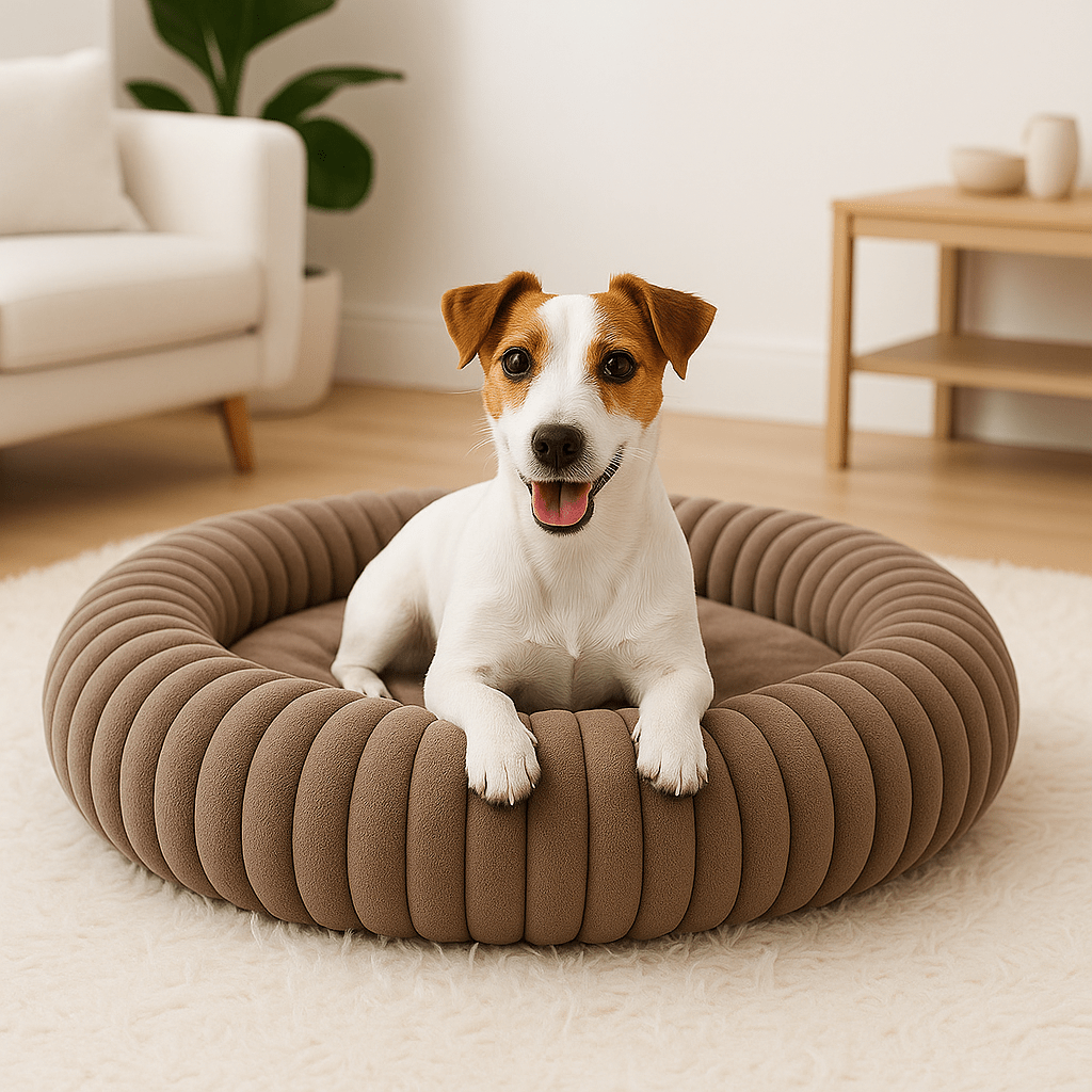 Coussin-anti-stress-chien-chiot-lavable en machine-rembourrage 100% coton haute densité-ergonomique-épais-antidérapant-housse ultra-douce en velours-résistant aux griffes-design-unJack russell couché confortablement et heureux dans son lit rond avec rebord surélevé entourant et sécurisant anti-anxiété pour chien de petite taille de couleur marron sur le sol du salon de l'appartement