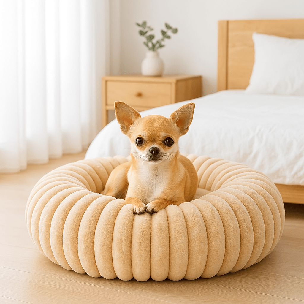Coussin-anti-stress-chien-chiot-lavable en machine-rembourrage 100% coton haute densité-ergonomique-épais-antidérapant-housse ultra-douce en velours-résistant aux griffes-design-un chien de race naine couché confortablement et heureux dans son lit rond avec rebord surélevé entourant et sécurisant anti-anxiété pour chien de petite taille de couleur beige sur le sol de la chambre de l'appartement