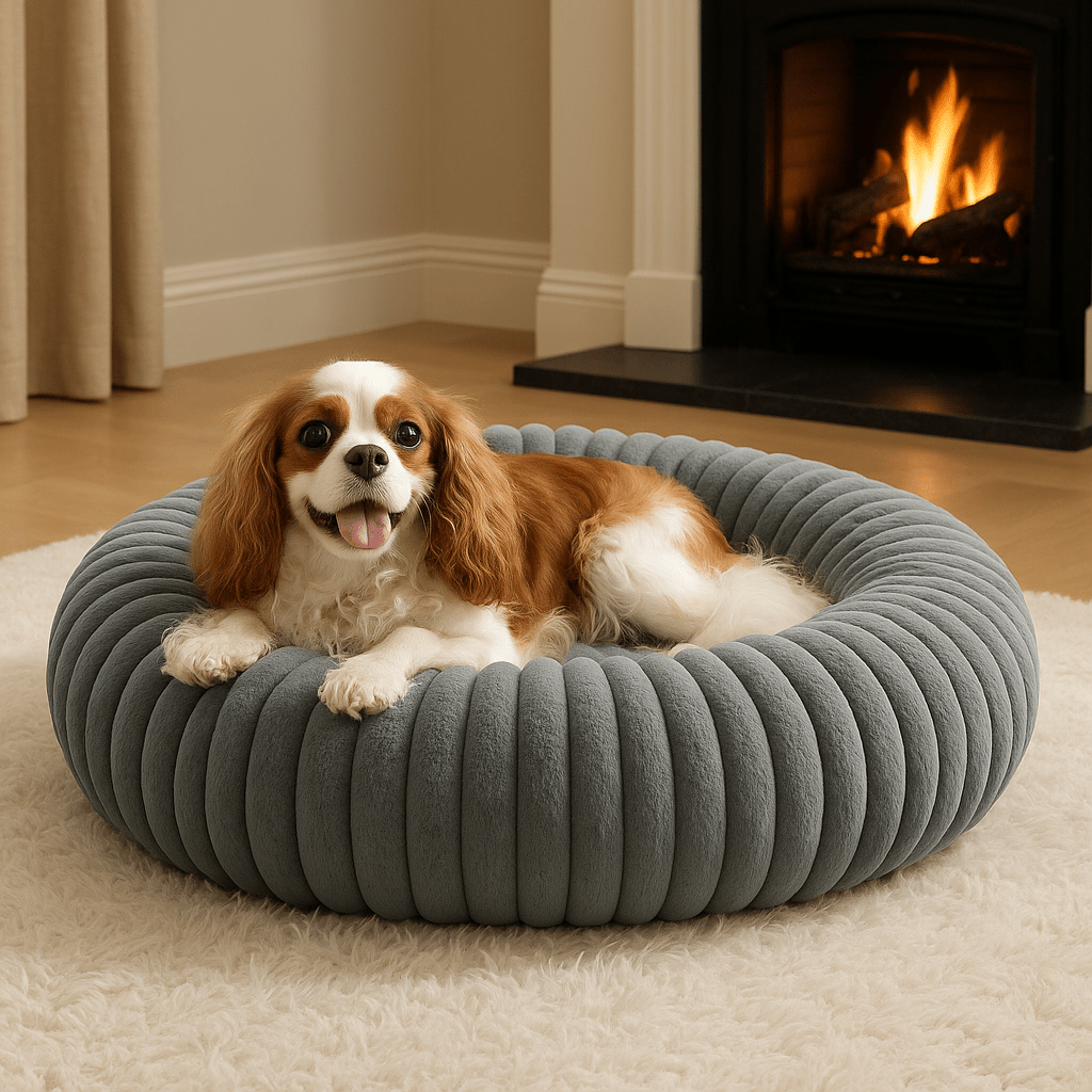 Coussin-anti-stress-chien-chiot-lavable en machine-rembourrage 100% coton haute densité-ergonomique-épais-antidérapant-housse ultra-douce en velours-résistant aux griffes-design-un petit chien à poils longs couché confortablement et heureux dans son lit rond avec rebord surélevé entourant et sécurisant anti-anxiété pour chien de petite taille de couleur gris sur le sol du salon de la maison