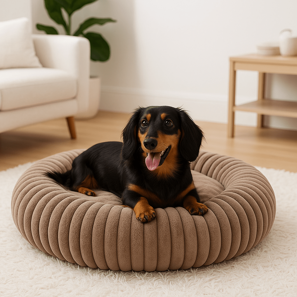 Coussin-anti-stress-chien-chiot-lavable en machine-rembourrage 100% coton haute densité-ergonomique-épais-antidérapant-housse ultra-douce en velours-résistant aux griffes-design-un petit chien couché confortablement et détendu dans son lit rond avec rebord surélevé entourant et sécurisant anti-anxiété pour chien de petite taille de couleur marron sur le sol du salon de l'appartement