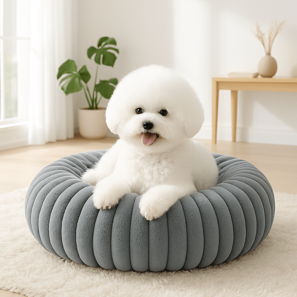 Coussin-anti-stress-chien-chiot-lavable en machine-rembourrage 100% coton haute densité-ergonomique-épais-antidérapant-housse ultra-douce en velours-résistant aux griffes-design-un chien de petite taille couché confortablement et heureux dans son lit rond avec rebord surélevé entourant et sécurisant anti-anxiété pour chien de petite taille de couleur gris sur le sol du salon de la maison