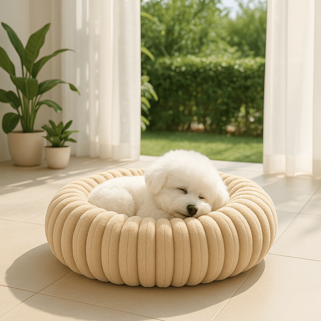 Coussin-anti-stress-chien-chiot-lavable en machine-rembourrage 100% coton haute densité-ergonomique-épais-antidérapant-housse ultra-douce en velours-résistant aux griffes-design-un petit chien blanc qui dort confortablement et heureux dans son lit rond , sa tête soutenu par le rebord surélevé entourant à 360° et sécurisant anti-anxiété pour chien de petite taille de couleur beige sur le sol du salon de la maison