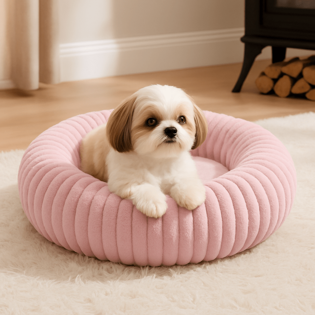 Coussin-anti-stress-chien-chiot-lavable en machine-rembourrage 100% coton haute densité-ergonomique-épais-antidérapant-housse ultra-douce en velours-résistant aux griffes-design-un chiot couché confortablement et heureux dans son lit rond avec rebord surélevé entourant et sécurisant anti-anxiété pour chien de petite taille de couleur rose sur le sol du salon de la maison