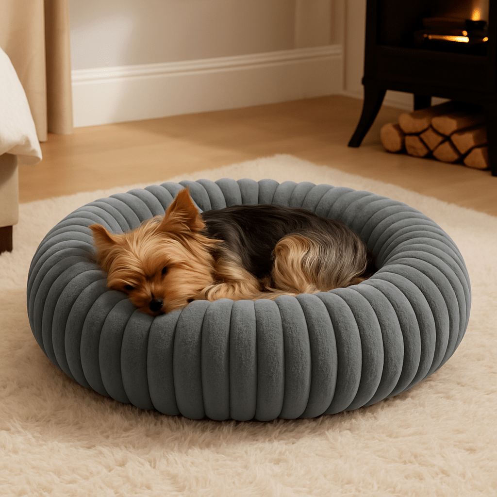 Coussin-anti-stress-chien-chiot-lavable en machine-rembourrage 100% coton haute densité-ergonomique-épais-antidérapant-housse ultra-douce en velours-résistant aux griffes-design-un Schien de petite race quidort en boule détendu dans son lit rond avec rebord surélevé entourant et sécurisant anti-anxiété pour chien de petite taille de couleur gris sur le sol du salon douillet de la maison
