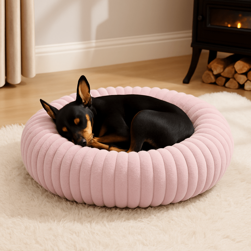 Coussin-anti-stress-chien-chiot-lavable en machine-rembourrage 100% coton haute densité-ergonomique-épais-antidérapant-housse ultra-douce en velours-résistant aux griffes-design-un chien de race toy qui dort en boule au chaud  dans son lit rond avec rebord surélevé entourant et sécurisant anti-anxiété pour chien de petite taille de couleur rose sur le sol devant la cheminée insert du salon de la maison