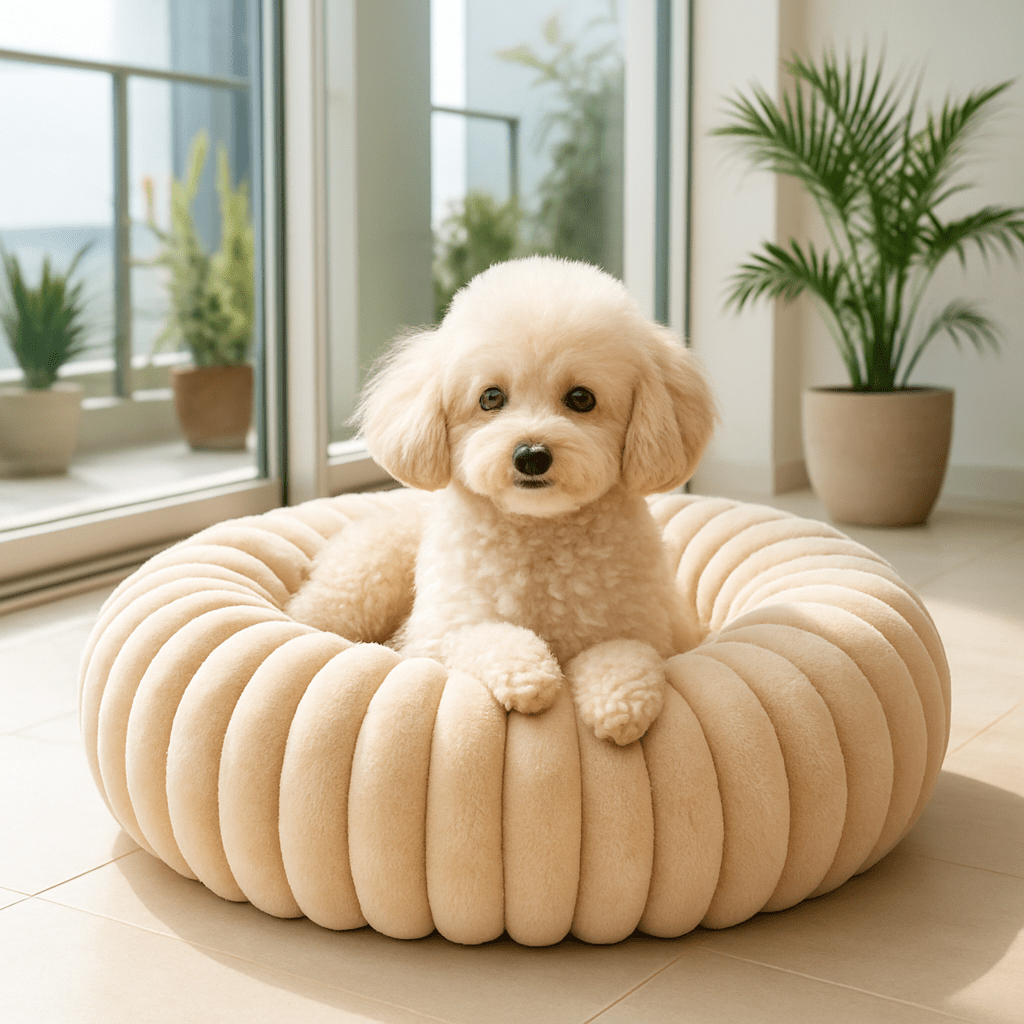 Coussin-anti-stress-chien-chiot-lavable en machine-rembourrage 100% coton haute densité-ergonomique-épais-antidérapant-housse ultra-douce en velours-résistant aux griffes-design-un petit chien couché confortablement et heureux dans son lit rond avec rebord surélevé entourant et sécurisant anti-anxiété pour chien de petite taille de couleur beige sur le sol du salon de l'appartement