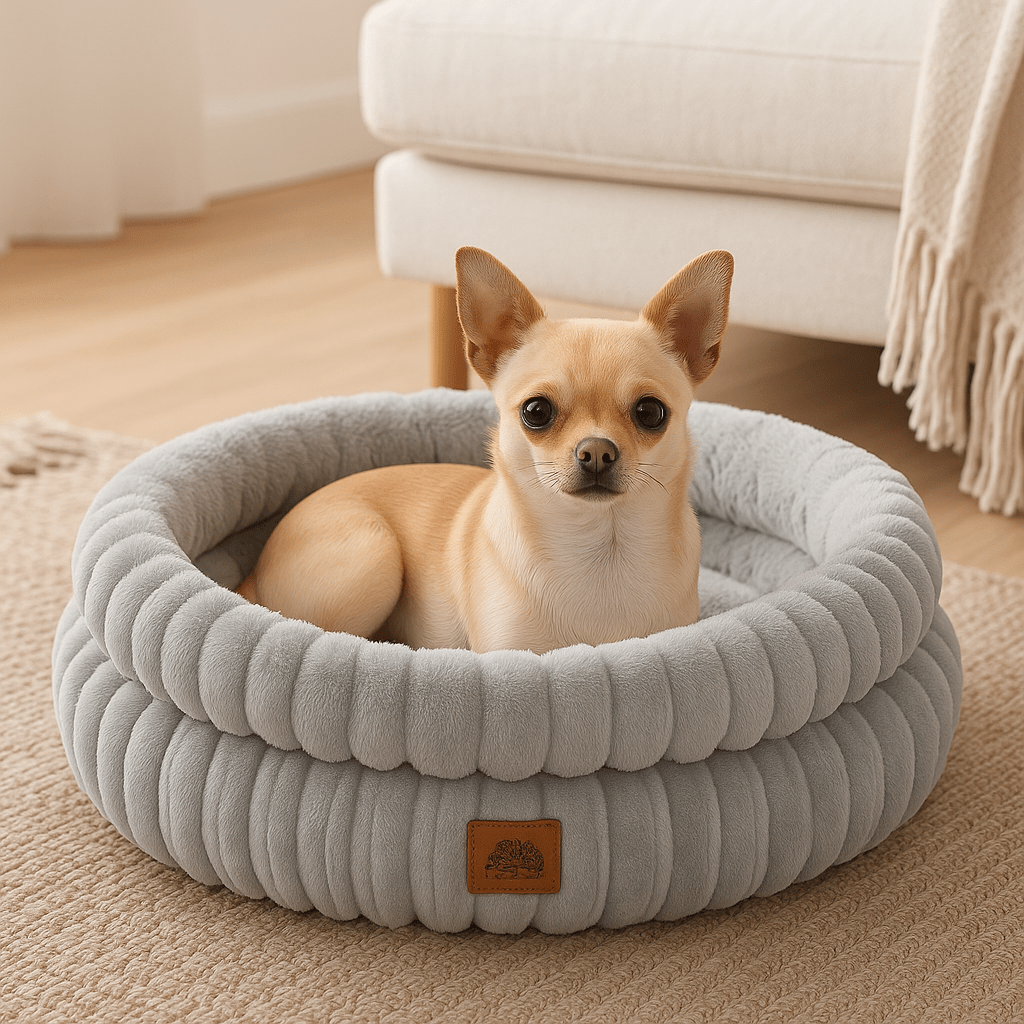 Coussin-anti-stress-chien-avec-oreiller intérieur amovible-rembourrage 100% coton haute densité ergonomique-velours côtelé résistant aux griffes-antidérapant-rond de couleur gris pour chien de petite taille et race naine de 0 à 5 kg-un chien de race miniature couché au chaud confortablement dans son panier avec son rebord haut rond chaud et douillet dans le salon de l'appartement
