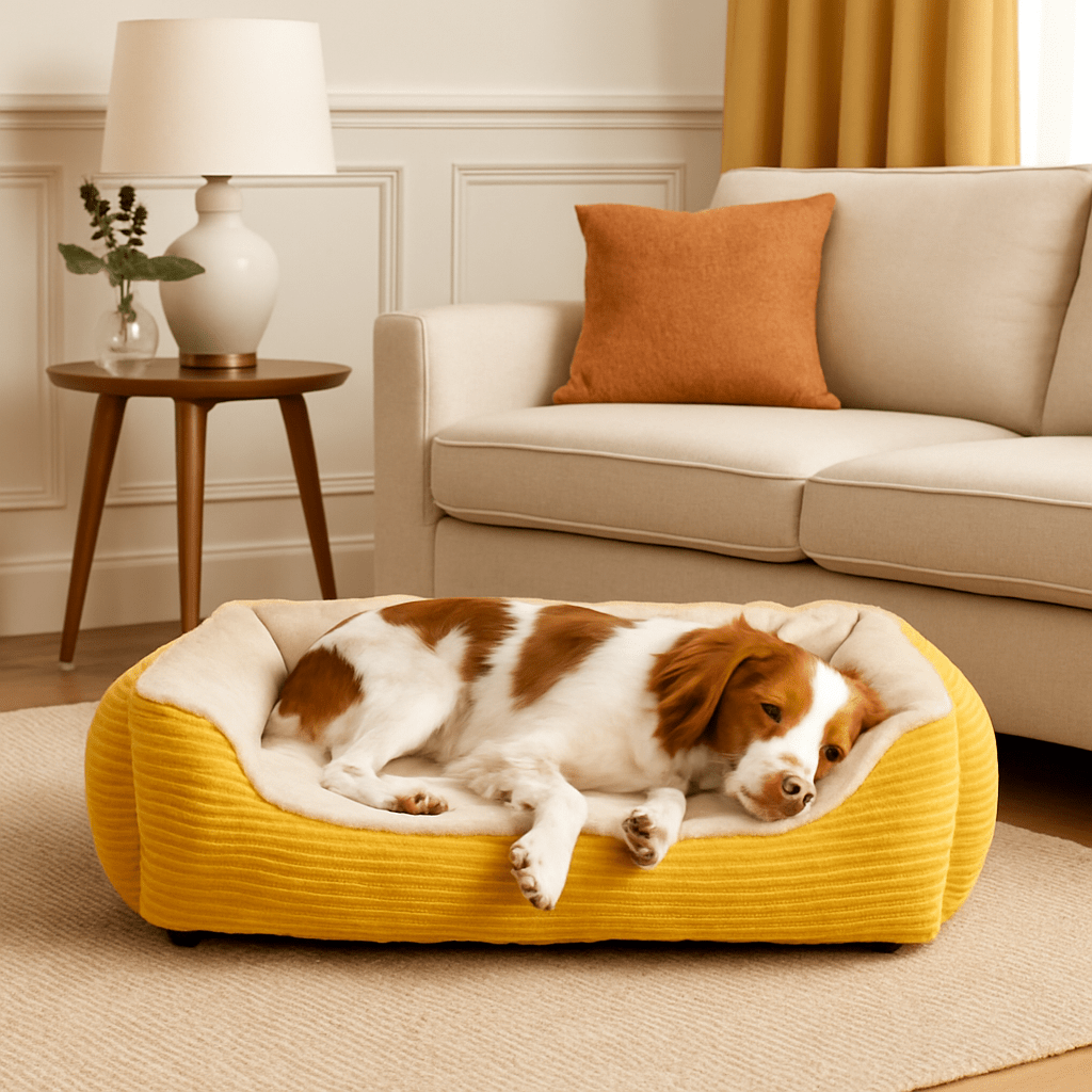 Coussin-chien-lit-rembourrage 100% coton à mémoire de forme-velours-résistant, avec rebord surélevés, imperméable et antidérapant, un épagneul breton qui dort paisiblement en boule dans son panier jaune douillet et chaud dans le salon de l'appartement