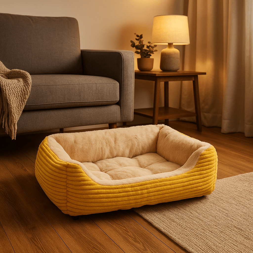 Coussin-chien-panier-rectangulaire-jaune-rembourrage 100% coton à mémoire de forme-velours-résistant, avec rebord surélevés, imperméable et antidérapant-lavable