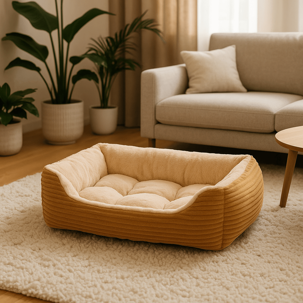 Coussin-chien-panier-rectangulaire-marron-rembourrage 100% coton à mémoire de forme-velours-résistant, avec rebord surélevés, imperméable et antidérapant-lavable