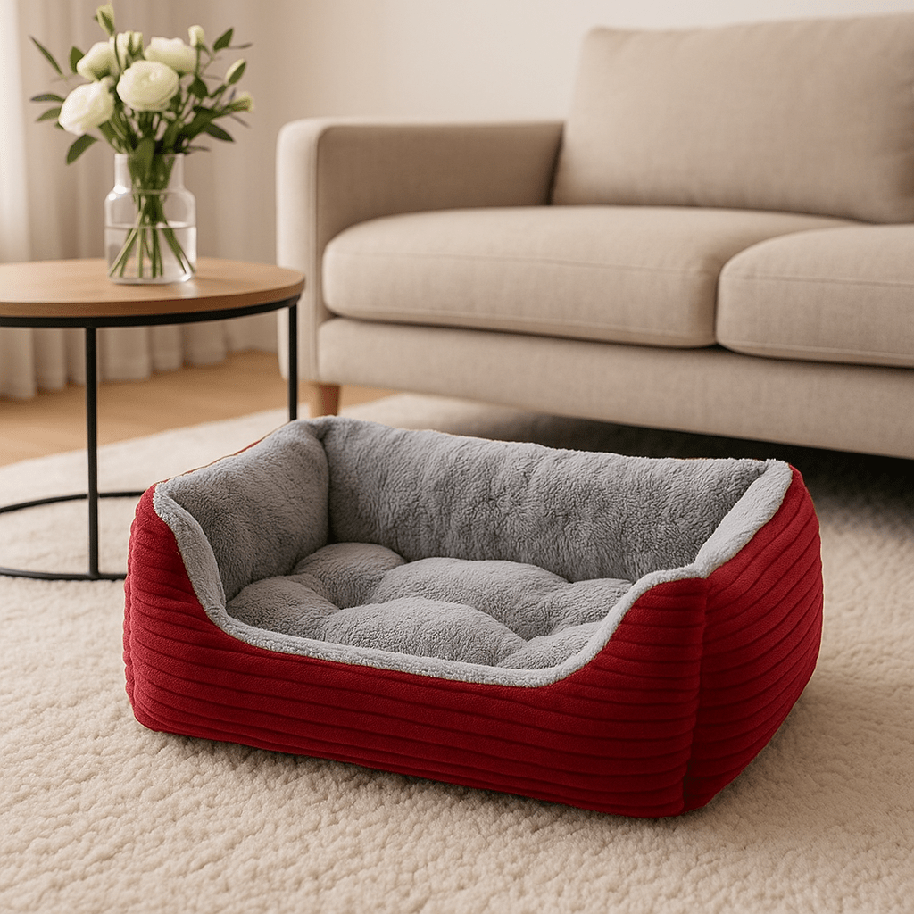 Coussin-chien-panier-rectangulaire-rouge-rembourrage 100% coton à mémoire de forme-velours-résistant, avec rebord surélevés, imperméable et antidérapant-lavable