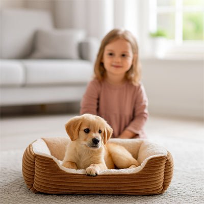 Coussin-chien-panier-rectangulaire-rembourrage 100% coton à mémoire de forme-velours-résistant, avec rebord surélevés, imperméable et antidérapant-lavable-un chiot couché dans son panier douillet et chaud à cÎté d'une petite fille souriante sur le sol du salon de la maison