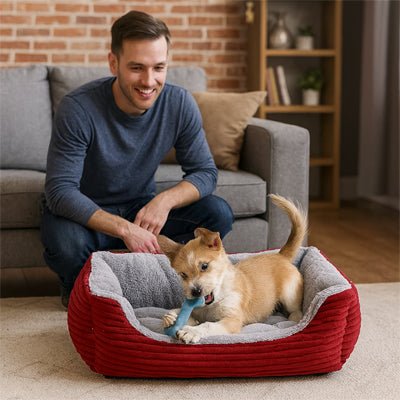 Coussin-chien-panier-rectangulaire-rembourrage 100% coton à mémoire de forme-velours-résistant, avec rebord surélevés, imperméable et antidérapant-lavable-un chiot qui joue avec son os dans le coussin rectangulaire en forme de panier chaud et douillet à cÎté de son maitre qui le regarde souriant sur le sol du salon de l'appartement