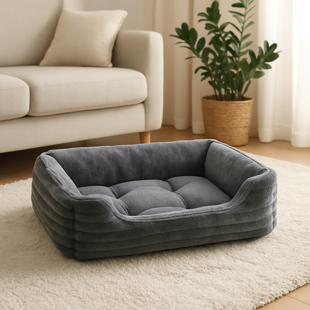 Coussin-chien-panier-rectangulaire-gris-rembourrage 100% coton à mémoire de forme-velours-résistant, avec rebord surélevés, imperméable et antidérapant-lavable