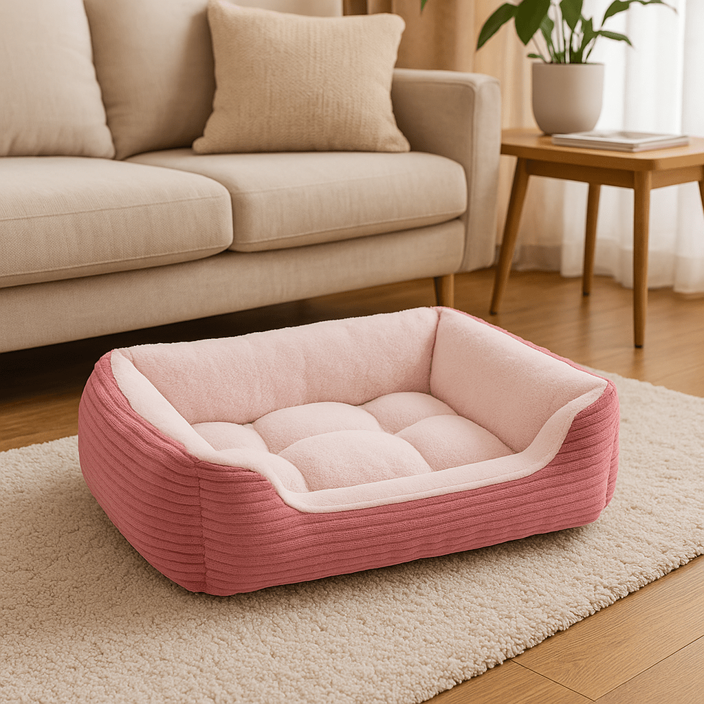 Coussin-chien-panier-rectangulaire-rose-rembourrage 100% coton à mémoire de forme-velours-résistant, avec rebord surélevés, imperméable et antidérapant-lavable