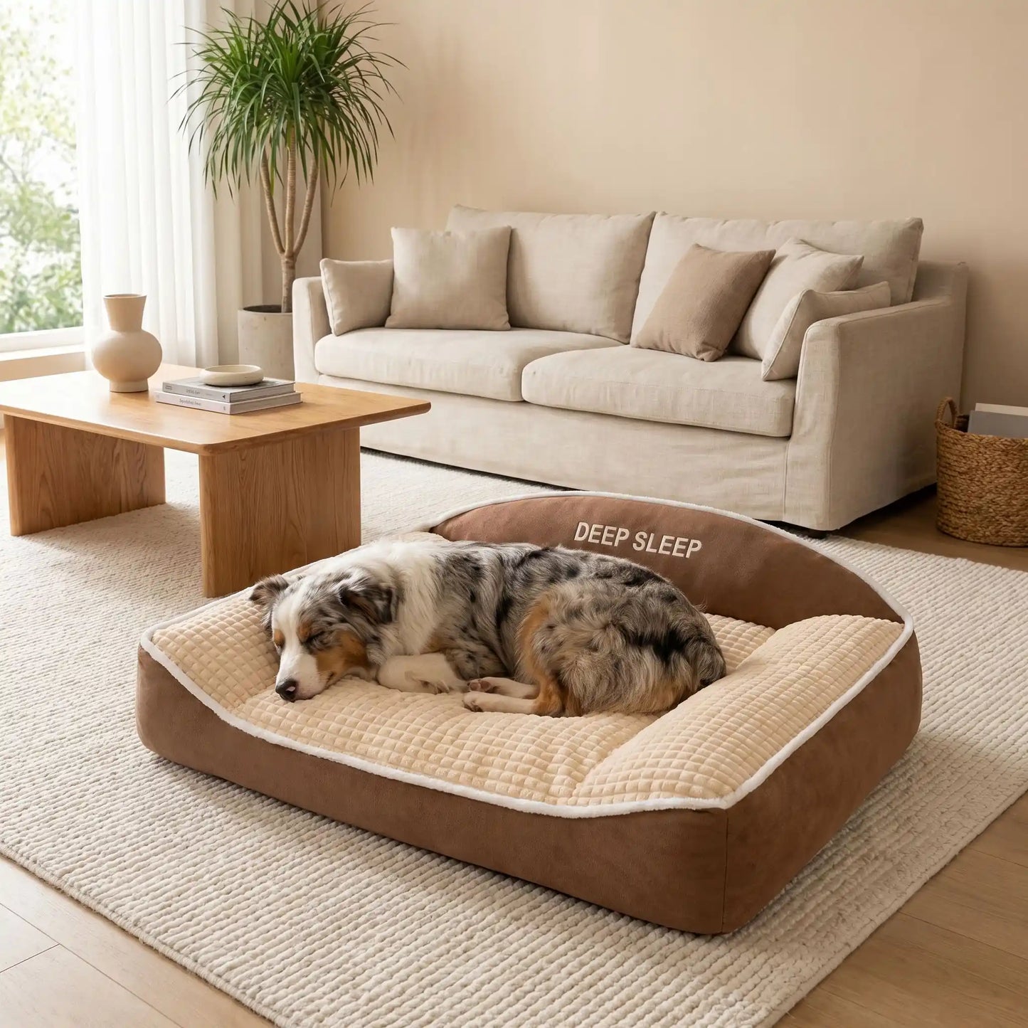 Coussin-chien-xxl-déhoussable-ergonomique-antidérapant, lavable en machine, rembourrage 100% coton haute densité avec rebords surélevés en L pour un soutien cervical et un effet entourant apaisant et sécurisant, tissu ultra-doux en flanelle hypoallergénique, résistant aux griffes et morsures, imperméable-un chien de taille moyenne qui dort paisiblement couché sur le flan de tout son long sur le lit épais, niché dans l'angle des deux rebords surélevés en L rembourré 100% coton haute densité sur le sol
