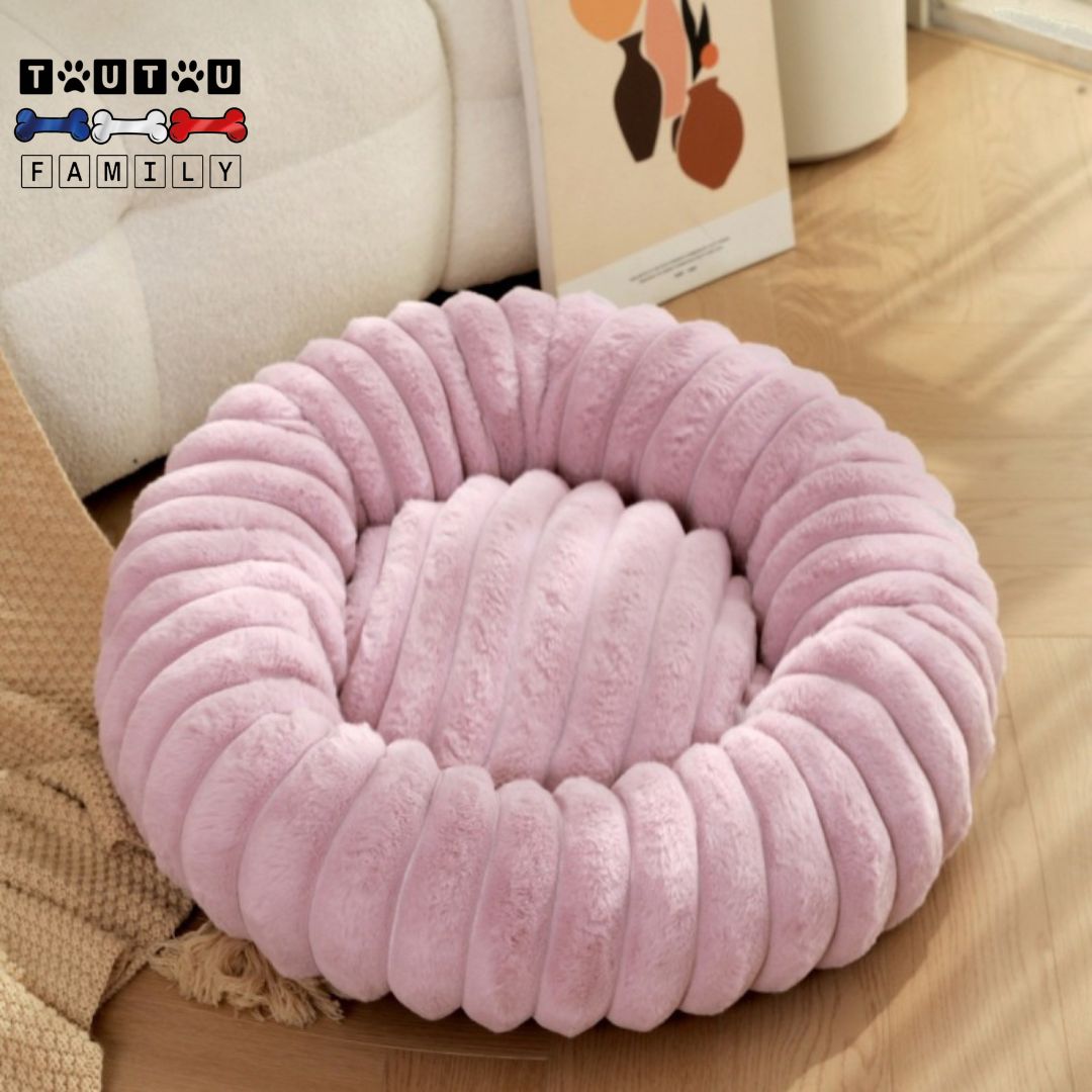 Coussin-déhoussable-pour-chien-chiot-rond-mauve-lavable-en-machine-rembourrage-100%-coton-moelleux-confortable-chaud-avec-rebord-360°-surélevé-dans-le-salon