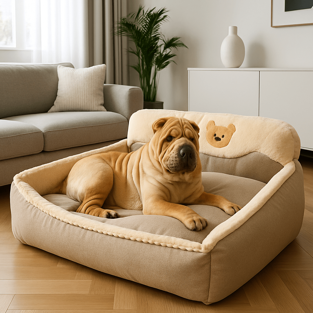 Coussin-déhoussable-pour-chien-lit-couchage-un chien de taille moyenne couché tout content dans son panier épais et moelleux au rembourrage 100% coton haute densité et velours antidérapant et lavable en machine dans le salon de la maison