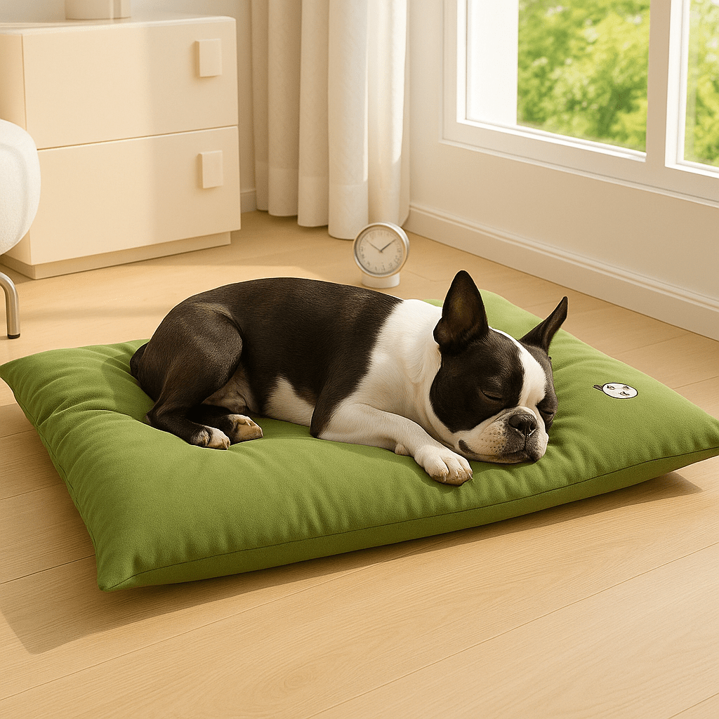 Coussin-impermeable-pour-chien-cuir-PU-rĂ©sistant au griffes et morsure-rembourrage 100% coton haute densitĂ© hypoallergĂ©nique-un Boston Terrier couchĂ© sur le ventre qui dort la tĂȘte posĂ©e dĂ©licatement sur le coussin Ă©pais et confortable-4 saisons-frais et chaud