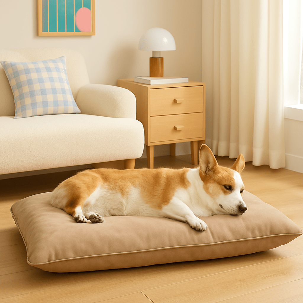 Coussin-impermeable-pour-chien-petite-taille-cuir PU-rembourrage coton PP-ergonomique-un chien de taille moyenne allongé sur le conté confortablement sur le coussin rembourré 100% coton haute densité et résilience