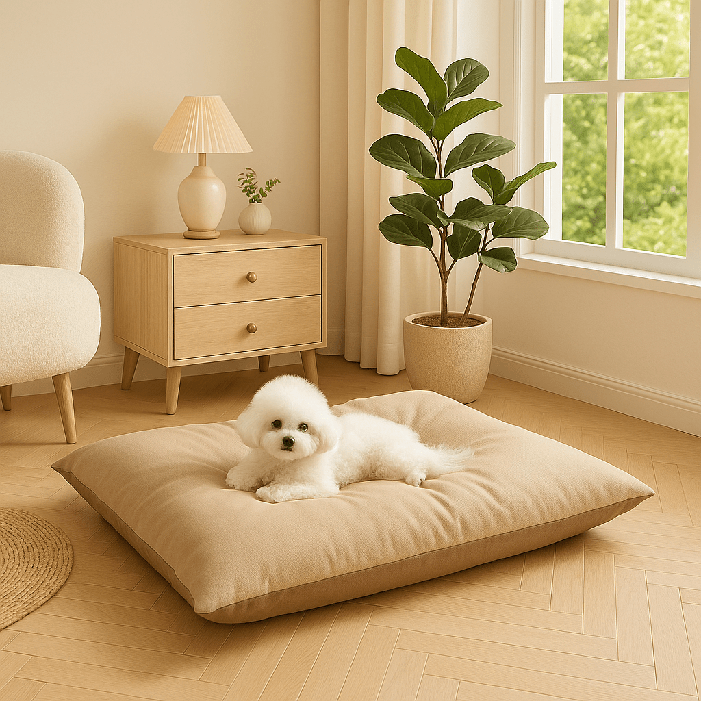 Coussin-imperméable-pour-chien-solide-un chien de race naine couché sur le grand coussin rectangulaire épais et rembourré 100% coton PP-cuir PU et tissu oxford dans le salon au design moderne de la maison