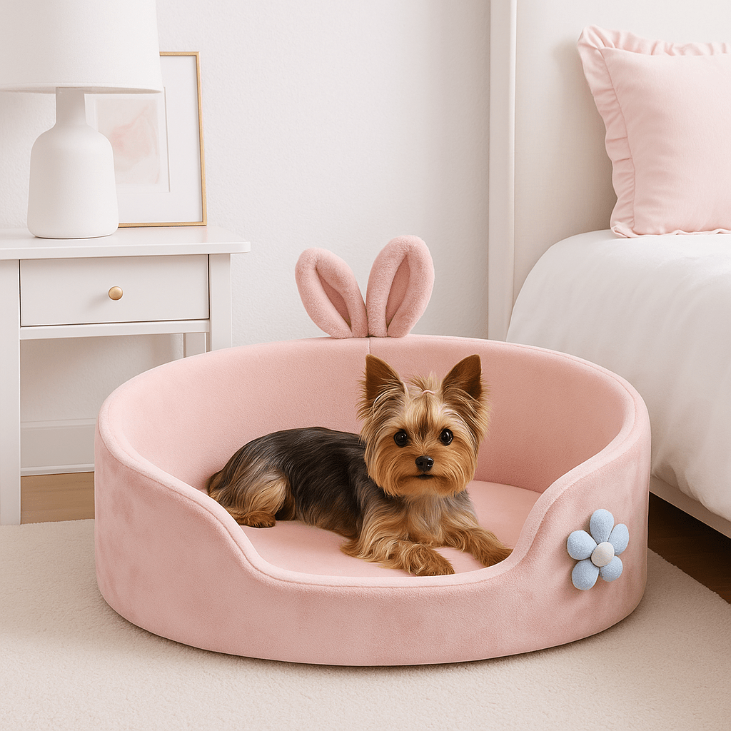 Coussin-pour-chien-chiot-design girly lapin rose avec fleur-un Yorkshire couché dans son panier douillet avec coussin amovible déhoussable et lavable en coton haute densité dans la chambre de la maison