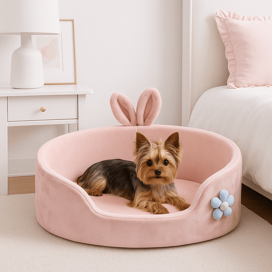 Coussin-pour-chien-chiot-design girly lapin rose avec fleur-un Yorkshire couché dans son panier douillet avec coussin amovible déhoussable et lavable en coton haute densité dans la chambre de la maison